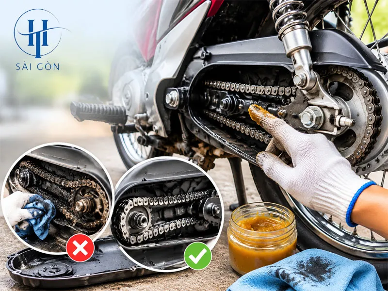 Sên có hộp xích kín trên xe số phổ thông Sên có hộp xích kín trên xe số phổ thông