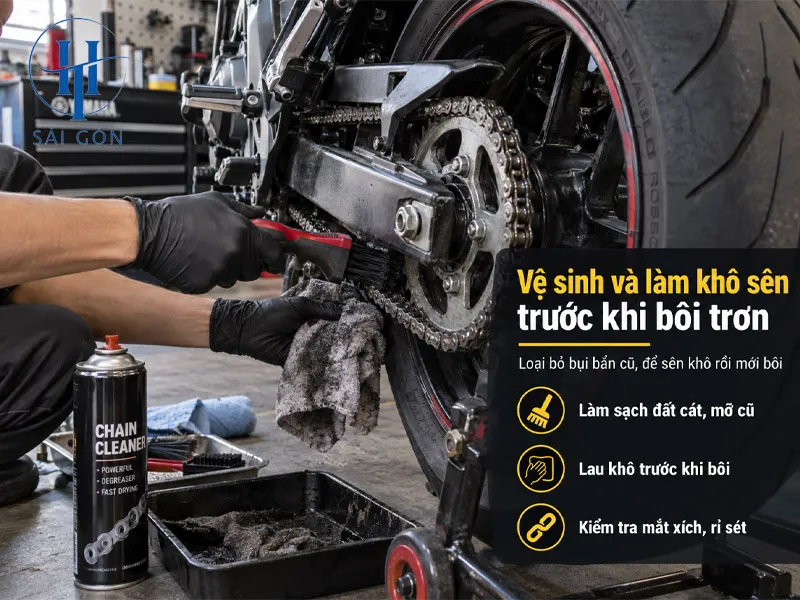 Vệ sinh và làm khô sên trước khi bôi trơn Vệ sinh và làm khô sên trước khi bôi trơn