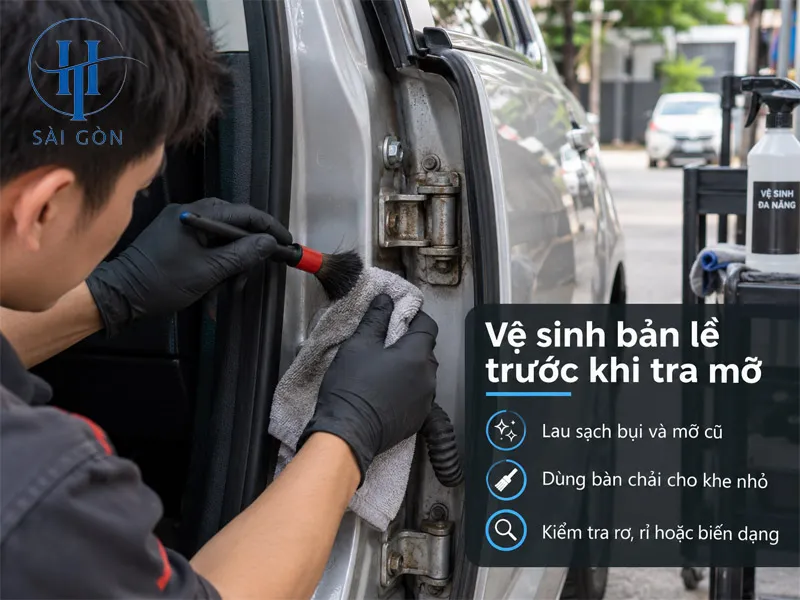 Vệ sinh bản lề trước khi tra mỡ