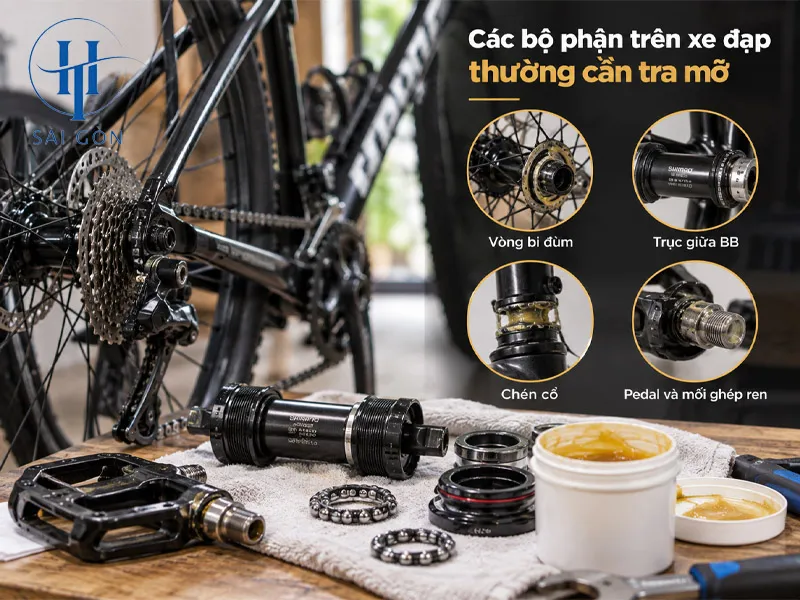 Các bộ phận trên xe đạp thường cần tra mỡ